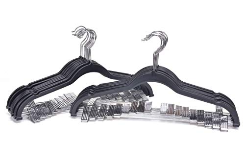 Quality Plastic 20-Pack - Non Velvet Non-Flocked Thin Compact Coat Hangers with Metal Clips for Skirts Pants Blouses - 360° Swivel Hook (Black, 20) - color: Black