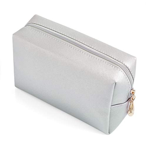 Sohynca PU Leather Cosmetic Bag for Women Minimalism Makeup Bag for Daily Use Portable Storage Purse Small Neat Cosmetic Pouch Water-resistant Toiletry Bag for Travel (Silver) - color: Silver