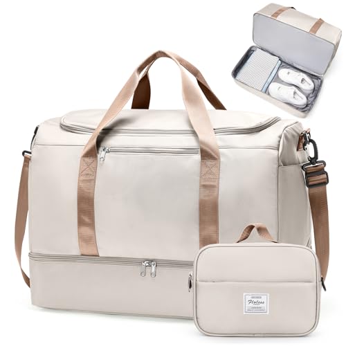 Extra Large Travel Duffle Bag,Carry on Overnight Weekend Bag with Shoes Compartment,Weekender Bags for Women for Travel Business Trips Sport Hospital - color: W-Beige & Brown with Toiletry Bag, size: Extra Large
