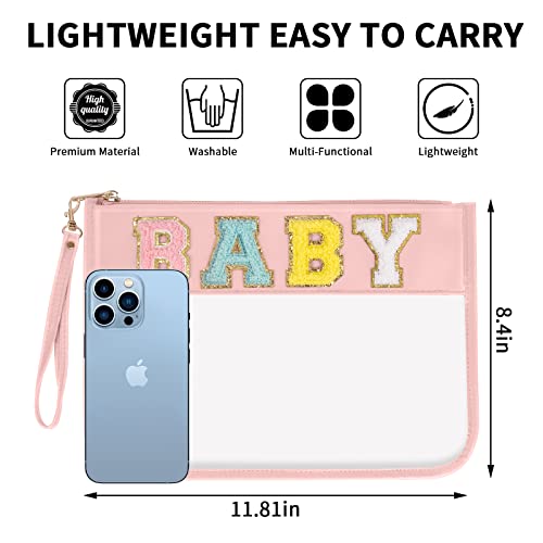 Iqimott Chenille Letter Clear Bag Baby Pouch, Monogram PVC & PU Makeup Cosmetic Bag Zipper Toiletry Pouch, Portable Travel Beach Snack Wristlet Bags for Women Girls(Baby, Pink) - color: Baby-Pink