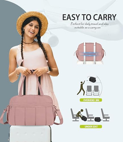 Lightweight Travel Duffle Bag for Women, Quilted Puffy Weekender with Wet Pocket for Gym, Overnight, Personal Item Carry On, Dark Pink - color: Dark Pink