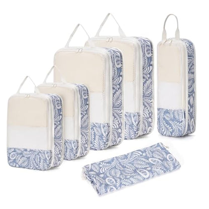 Narwey 6 Set Compression Packing Cubes for Travel Women Men, Travel Cubes for Carry On Suitcase, Durable Compression Luggage Organizer Bags - color: Y-Blue Leaf