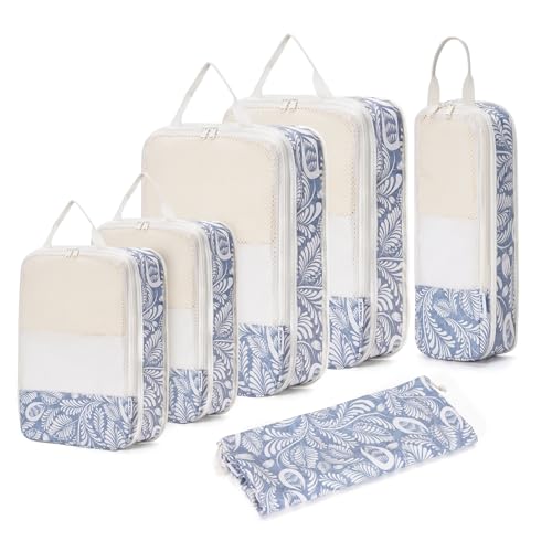 Narwey 6 Set Compression Packing Cubes for Travel Women Men, Travel Cubes for Carry On Suitcase, Durable Compression Luggage Organizer Bags - color: Y-Blue Leaf