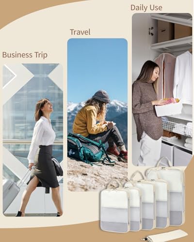 ECOHUB 6 Set Compression Packing Cubes, Lightweight Beach Vacation Travel Essentials Durable Travel Accessories for Suitcase Carry On Luggage Organizer Bags with YKK Zippers Shoe Bag, Beige - color: Beige