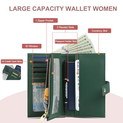 yiijay Womens Wallet RFID Blocking Vegan Leather Trifold Clutch Credit Card Holder Ladies Travel Wallet Purse with Pen Holder - color: 2Flora Green