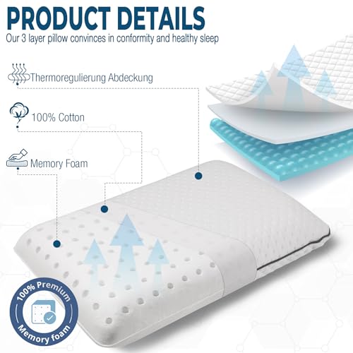 alkamto Memory Foam Pillow 27.5X 18 in”– Ergonomic Neck Support Pillow – Oeko-Tex Certified – Breathable & Thermoregulating Cover – Ideal for Back & Side Sleepers (27.5" (L) × 18" (W) × 4.7" (H)) - size: Queen