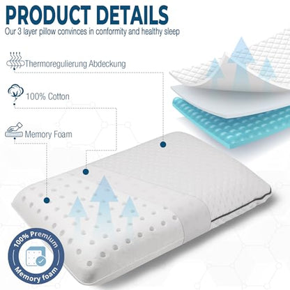 alkamto Memory Foam Pillow 27.5X 18 in”– Ergonomic Neck Support Pillow – Oeko-Tex Certified – Breathable & Thermoregulating Cover – Ideal for Back & Side Sleepers (27.5" (L) × 18" (W) × 4.7" (H)) - size: Queen