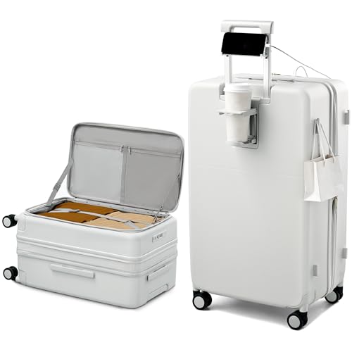 Hanke 28 Inch Expandable Checked Luggage with Cup Holder and Charger Port, Top Opening Hard Shell Large Suitcases with Wheel, Big Travel Rolling Suitcase Trunk Luggage with Lock,Smoke White - color: Smoke White, size: Expandable 28 Inch