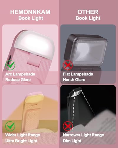 HEMONNKAM Book Reading Light, Rechargeable Clip on Booklight, Eye Caring 3 Color Temperatures & 5 Brightness Levels, Night Use for Bed, Long Lasting, Reading at Night in Bed, Pink - color: Pink