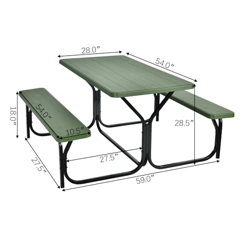 COSTWAY Outdoor Picnic Table, HDPE Plastic Picnic Table Bench Set with Weather Resistant Tabletop & Wood Texture, Ideal for Patio, Backyard (59" D x 54" W x 28.5" H,Green) - color: Green