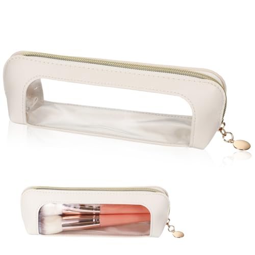 Skrfren Small Clear Makeup Pouch, PU Leather Mini Makeup Pouch Portable Travel Mini Cosmetic Bag, Waterproof Cosmetic Organizer Pouchs with Zipper for Women Home Travel Office Storage, White