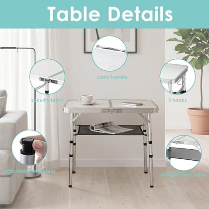 YihuiKo Folding Camping Table with Adjustable Height, 23.6" x 15.8" Portable Lightweight Tables with Aluminum Legs for Outdoor Camp, Picnic, Beach, Backyard, Tailgate Cooking, 3 Heights