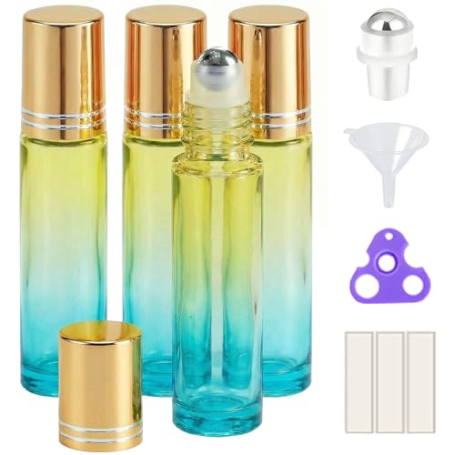 PrettyCare 4 Pack, 10 ml Essential Oil Roller Bottles with Stainless Steel Roller Ball - Refillable Leak-proof Empty Thick Blue& Yellow Glass Roll on Bottles with Golden Caps for Travel, Perfume - color: Gradient Blue-Green, size: 4 Pack