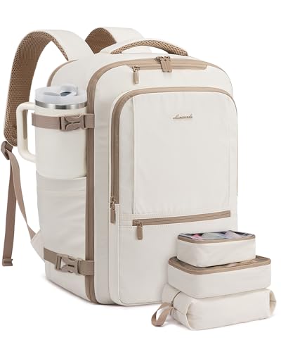 LOVEVOOK Travel Backpack for Women & Men, 60L Large Carry On Backpack Airline Approved, TSA Personal Item Weekender Bag, Laptop Backpacks with 3 Packing Cubes for Travel Essentials, Waist Belt - color: Beige, size: 20.5 Inch - Waist Belt