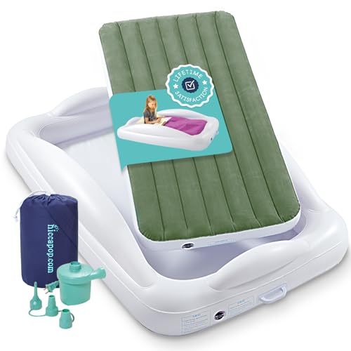 Hiccapop Inflatable Toddler Travel Bed with Safety Bumpers [4-Sided], Portable Toddler Bed for Kids, Toddler Air Mattress, Kids Air Mattress - Sage Green - color: Sage Green