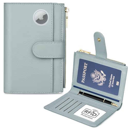 Passport Holder for Travel, Leather Passport Wallet with Airtag Slot, RFID Blocking Travel Wallet for Women Men, Passport Cover with Air Ticket Card Cash Coin Pocket, Travel Essentials Gift - color: Light Blue