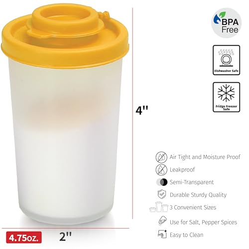 SIGNORAWARE Salt and Pepper Shakers Moisture Proof Set of 2 Large Salt Shaker to go Camping Picnic Outdoors Kitchen Lunch Boxes Travel Spice Set Clear with Yellow Lids Plastic Airtight Dispenser - color: Yellow
