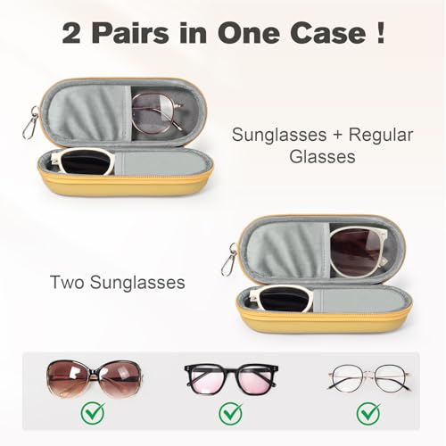 Double Eyeglasses Case, Dual Glasses Sunglasses Organizer with Zipper Closure, Eyewear Storage Box for Men Women Travel - color: Yellow-2pack