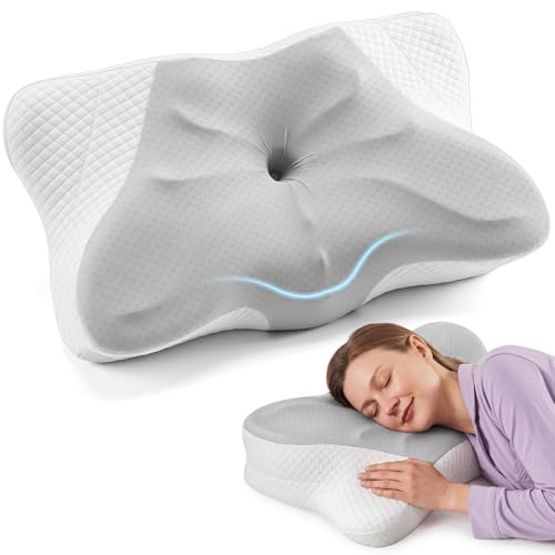 DUMOS Cervical Neck Pillow, Cooling Ergonomic Memory Foam Pillows for Neck Pain Relief with Breathable Pillowcase, Dual Height Orthopedic Support Contour Pillow for Side, Back, Stomach Sleepers, Grey - color: Light Grey, size: King Size(25.98"L x 15.35"W)