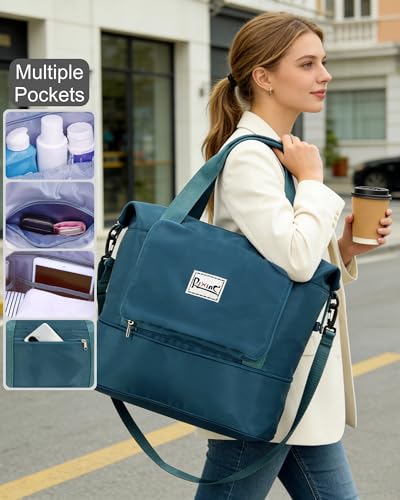 Foldable Travel Duffel Bag for Women, 40L Expandable Carry on Bag Personal Item Flight Approved, Overnight Weekender Bag with Wet Pocket for Gym Travel, Water-Resistant Nylon, Peacock Blue - color: Peacock Blue