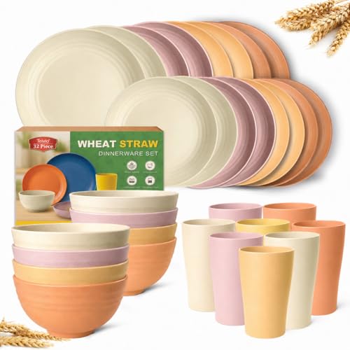 Teivio 32-Piece Wheat Straw Dinnerware Sets for 8, Dinner Plates, Dessert Plate, Cereal Bowls, Cups 13.5oz, Unbreakable Colorful Plastic Outdoor Camping RV Kitchen Essentials Dishes, Pink Ombre - color: Pink Ombre