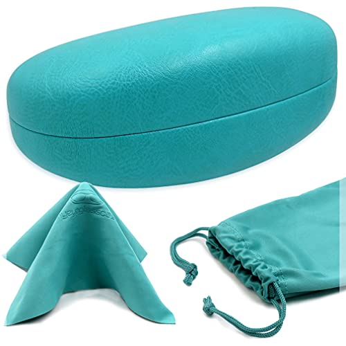 MyEyeglassCase® Large Hard Sunglasses Case | fits Large curved Sunglasses, with microfiber bag and cleaning cloth - color: Turquoise