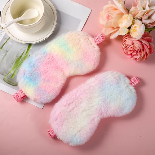 2 Pcs Plush Eye Mask Soft Sleeping Blindfold Eye Cover Comfortable Furry Faux Fur Sleeping Mask Satin Nap Night Eyeshade Cover for Women Men Gift (Light Rainbow, Dark Rainbow) - color: Light Rainbow, Dark Rainbow