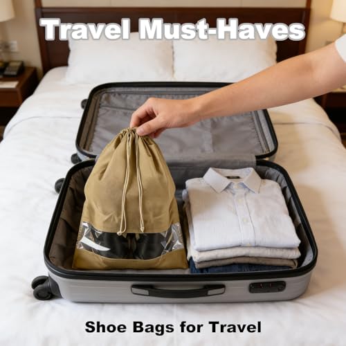 20 Pack Shoe Bags for Travel, 17" x 12.6" Drawstring Shoe Organizers with Clear Window, Breathable Non-Woven Dustproof Pouches for Luggage & Closet (khaki) - color: khaki