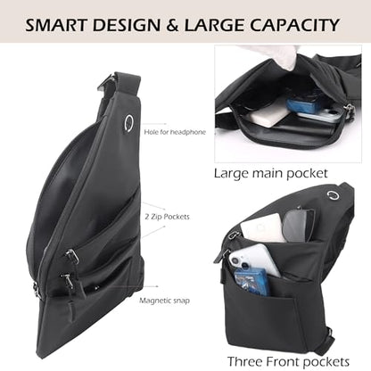 Anti Theft Crossbody Bags for Women Men, Multi-Pocket Shoulder Bag, Slim Sling Bags with 2 RFID Blocking Card - color: Left Shoulder-black