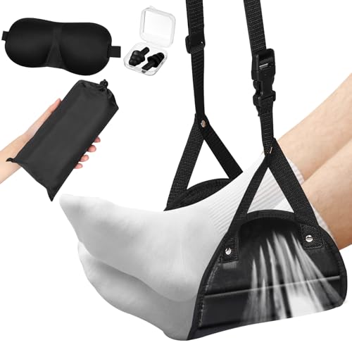Yerliker Airplane Foot Hammock(Memory Foam) with Earplugs and Eye Mask Travel Necessities Adjustable Airplane Desk Foot Rest for Long Trip Pain and Swelling Relief(Black) - color: Black