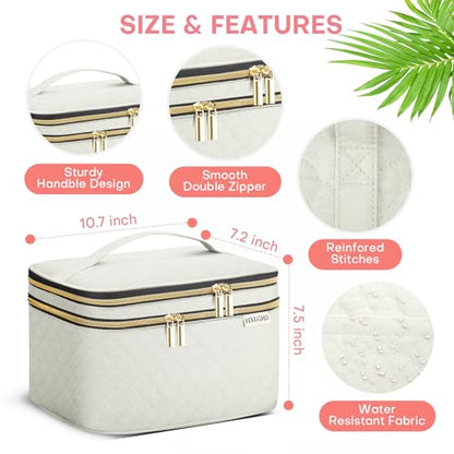 HXLGMD Large Makeup Bag with Mirror Double Layer Travel Make Up Organizer Case, Large Capacity Coemetic with Brush Slot Divider, Travel Toiletry Bag for Women - White/Beige - color: Beige