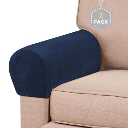 PrinceDeco 2 Pack Thick Velvet Stretch Armrest Covers for Chairs and Sofas Armchair Covers for Arms Couch Arm Covers Armrest Covers for Sofa Non Slip, Navy - color: Navy
