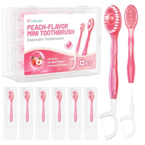 12 Pack 5 in 1 Disposable Mini Toothbrushes with Toothpaste, Floss, Pick & Tongue Scraper, Individually Wrapped, Portable Toothbrush Travel Set for Kids Adults, Peach Flavor - color: Peach Flavor, size: 1 Count (Pack of 12)
