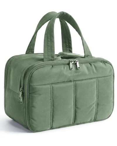 BAGSMART Travel Toiletry Bag, Puffy Large Toiletry Bag for Women, Lightweight Cosmetic Makeup Bag Organizer with Handle for Traveling, Accessories, Essentials, Toiletries (Dark Green) - color: Dark Green