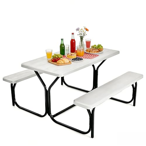 COSTWAY Outdoor Picnic Table, HDPE Plastic Picnic Table Bench Set with Weather Resistant Tabletop & Wood Texture, Ideal for Patio, Backyard (59" D x 54" W x 28.5" H,White) - color: White