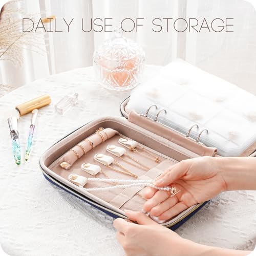 ProCase Extra Large Jewelry Organizer Case, Jewellery Home Storage Book Ring Binder with Clear Pockets for Presentation, Zippered Pouch Bag for Earrings Necklaces Bracelets -Navy - color: Navy, size: Large, Loose-leaf