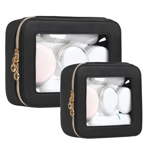 Leather Clear Makeup Bags Set - Travel Clear Cosmetic Bag Case with Zipper, Transparent TSA Approved Toiletry Bags for Travel Essentials Car Accessories for Women (Black, S+M) - color: Black, size: Mini+Medium