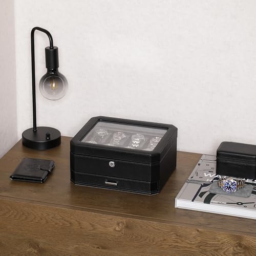 ROTHWELL 8 Slot Leather Watch Box with Valet Drawer - Luxury Case Display Jewelry Organizer, Locking Display Case Holder, Real Glass Top - Watch Box Organizer for Men & Women (Black/Grey) - color: 8 Slot - Black/Grey