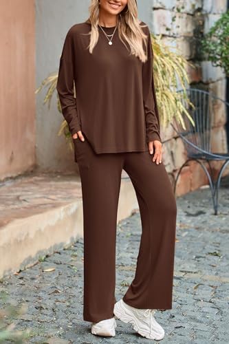 PRETTYGARDEN Women's Two Piece Lounge Sets Matching Long Sleeve Shirts Wide Leg Pants Tracksuits Travel Outfits Fall Clothes - color: Light Coffee, size: X-Large