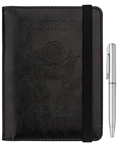 WALNEW Passport Holder for Travel, RFID Passport Cover Wallet for Women Men, PU Leather Passport Book Card Holder Case with Pen, Travelling Essentials for Flying - color: A-Black, style: Elastic Band Closure