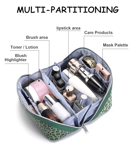 BOYATU Travel Makeup Bag Organizer: 3 Pcs Set Leopard Make up Bag for Women | Vegan Leather Cosmetic Bags with Compartments - Waterproof Toiletry Bag - 180° Open-Flat Make up Case for 3-15 Day Trips - color: 09-Green
