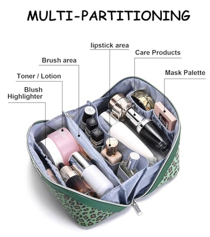 BOYATU Travel Makeup Bag Organizer: 3 Pcs Set Leopard Make up Bag for Women | Vegan Leather Cosmetic Bags with Compartments - Waterproof Toiletry Bag - 180° Open-Flat Make up Case for 3-15 Day Trips - color: 09-Green
