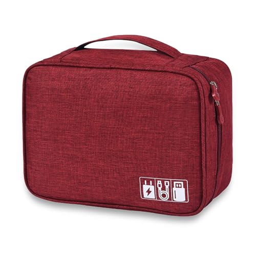 Electronic Accessories Organizer, Portable Travel Cable Storage Bag Tech Pouch with Adjustable Compartments Water-Resistant Handbag for Smart Device Cords Chargers Hard Drives Gadgets - color: 2089 Wine Red