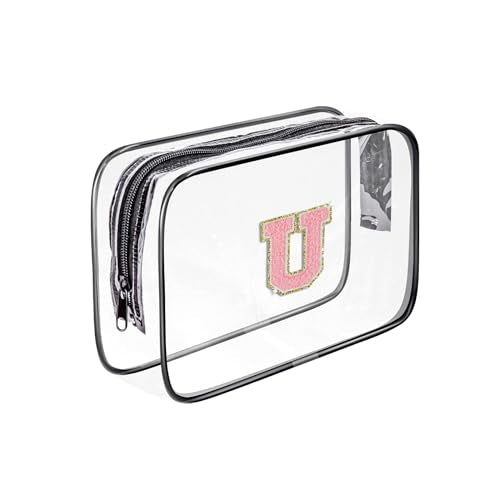 Clear Toiletry Bag,Portable Travel Toiletry Bag,Chenille Letter Cosmetic Bag with Zipper,Waterproof Makeup Bag,Cosmetic Storage Organizer for Women Men,Travel Essentials (Black,U) - size: U