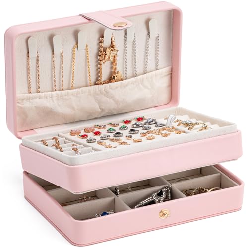 MODENGKONGJIAN Jewelry Organizer Box, 2-Layer Large Jewelry Storage Case, Portable Travel Jewelrys Display Holder for Earrings, Necklaces, Bracelets (Pink, PU Leather) - color: 2 Layer-Pink-PU Leather