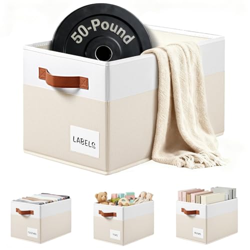 4 Pack Large Closet Storage Baskets for Shelves - 14x10 Heavy Duty Closet Shelf Organizer Bins with Handles & Labels - Decorative Collapsible Baskets for Organizing Living Room Bedroom Nursery Dorm - color: Beige with White