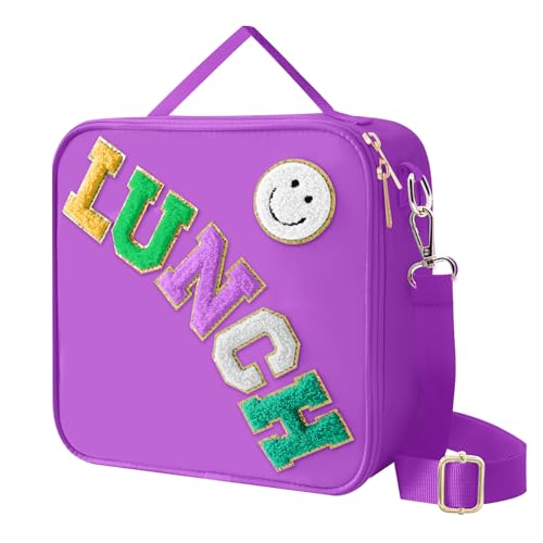 Insulated Lunch Bag With Adjustable Shoulder Strap, Nylon Preppy Lunch Box Large Insulated Lunch Bag Reusable Lunch Tote Bag with Smiley Preppy LunchBag for Girls School Travel Picnic (Dark purple) - color: Dark Purple