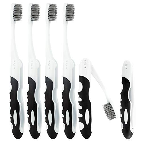 Lingito Folding Toothbrush with Built-in Cover - Travel Size, Collapsible, Soft-Charcoal (6 Pack) - style: 6 Pack-Charcoal