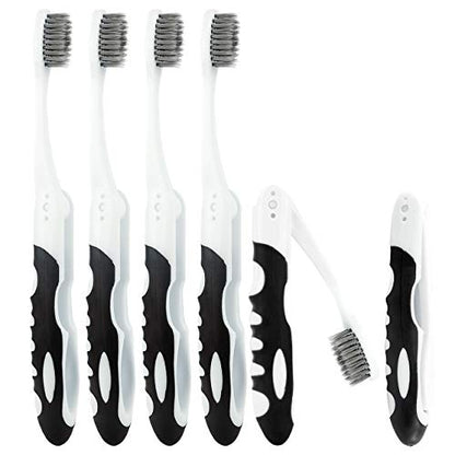 Lingito Folding Toothbrush with Built-in Cover - Travel Size, Collapsible, Soft-Charcoal (6 Pack) - style: 6 Pack-Charcoal