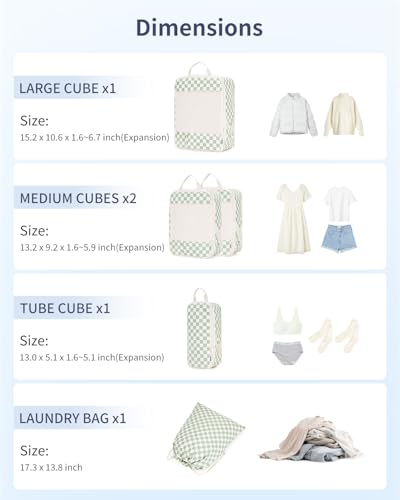 Narwey 6 Set Compression Packing Cubes for Travel Women Men, Travel Cubes for Carry On Suitcase, Durable Compression Luggage Organizer Bags - color: ZZ-Mint Green Checkerboard